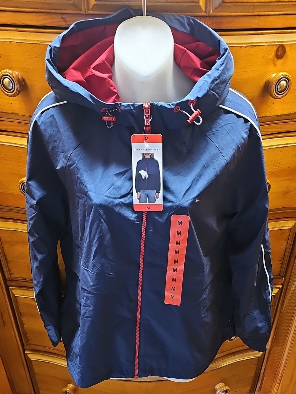 Tommy Hilfiger Women's Navy Windbreaker Jacket with Red Lining Hood